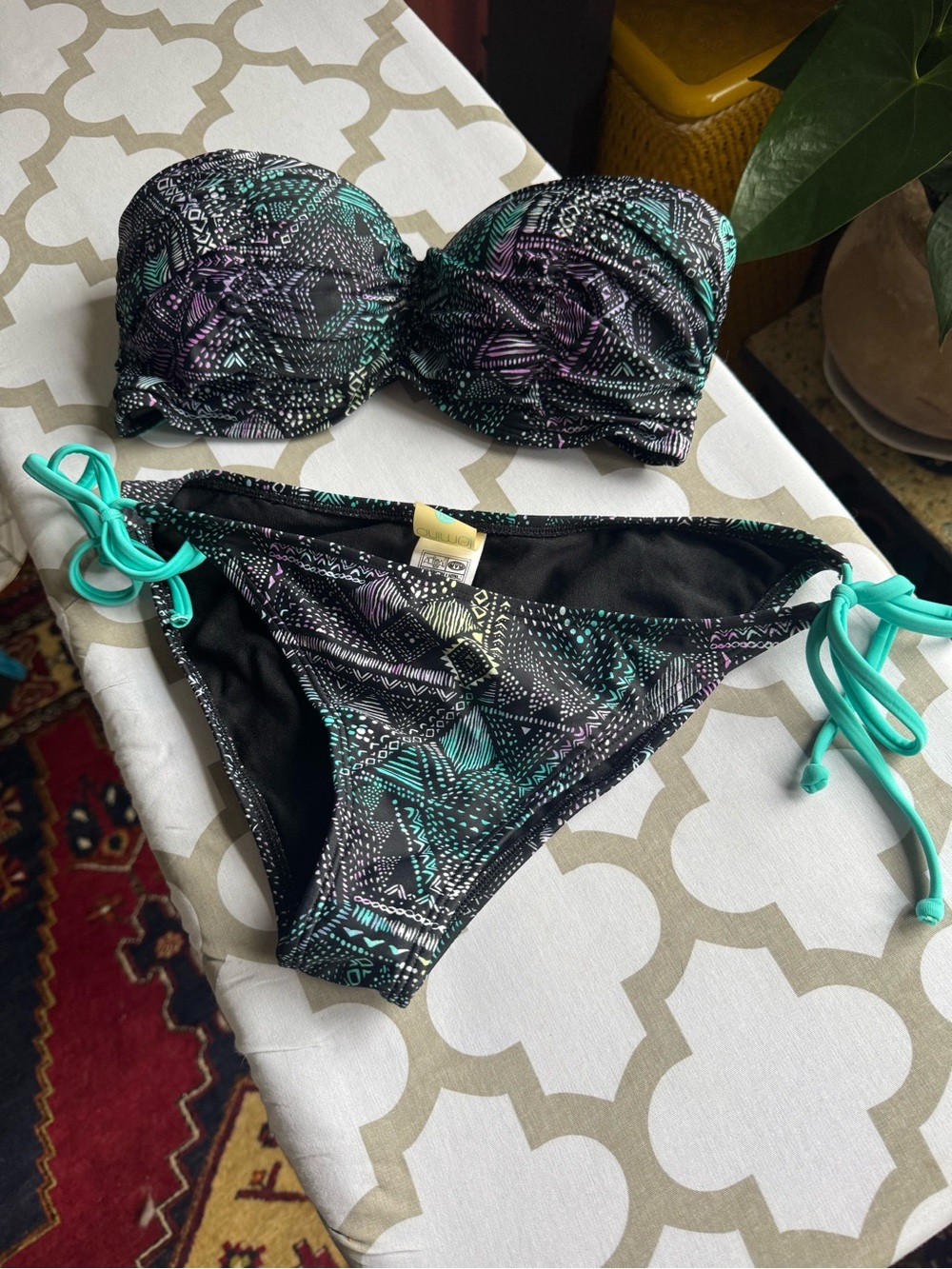 Animal Black Bandeau Bikini with Teal and Purple Pattern